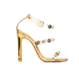 Fashion Nova gold heeled sandals with colored gems, size 9